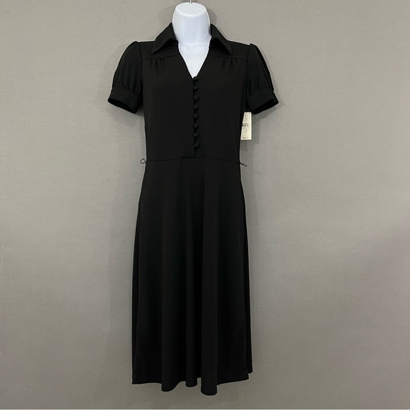 Ann Taylor Loft Black V Neck Button Short Sleeve A Line Dress - Picture 1 of 16